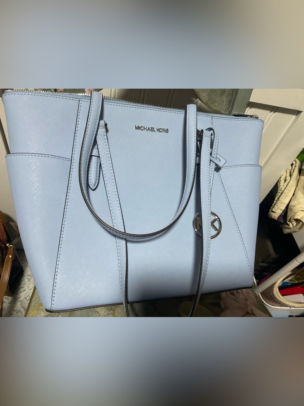 Michael Kors Pale Blue Saffiano  Tote with Logo Charm